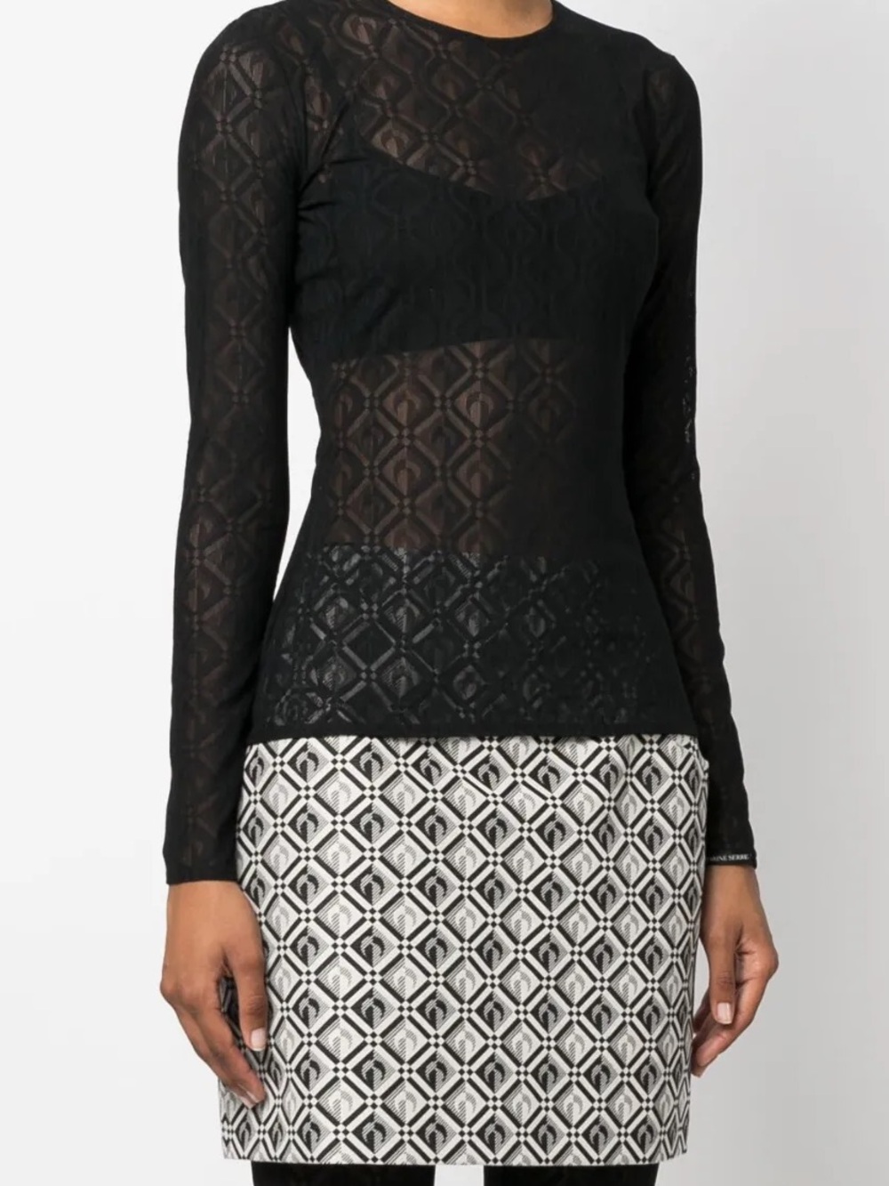 Marine Serre Black Long-Sleeve Lace Sheer Top